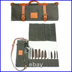 10 Slot Chef Knife Roll Bag Green Portable Canvas Kitchen Cooking Storage Case