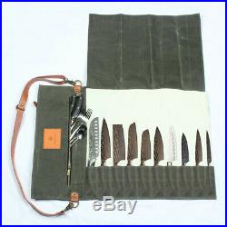 10 Slot Japanese Chef Knife Roll Bag Waxed Canvas Leather Knives Storage Case