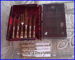 11 Pc Royal Albert Old Country Roses Steak Knives-carving Set-storage Case-gold