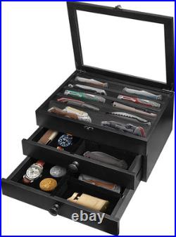 3 Layer Wooden Pocket Knife Watch Sunglasses Display Case Drawers Gifts for Men