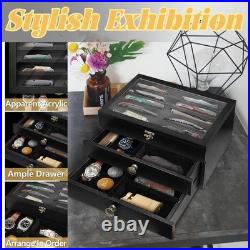 3 Layer Wooden Pocket Knife Watch Sunglasses Display Case Drawers Gifts for Men