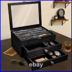 3 Layer Wooden Pocket Knife Watch Sunglasses Display Case Drawers Gifts for Men