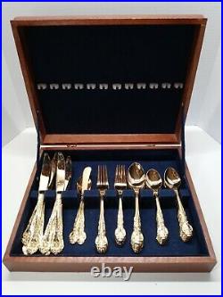 49 Piece Flatware Set Gold Stainless Japan Rose Pattern With Wood Storage Case