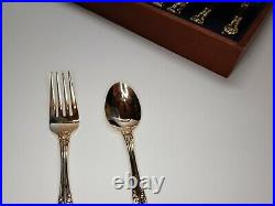 49 Piece Flatware Set Gold Stainless Japan Rose Pattern With Wood Storage Case