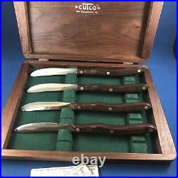 4X CUTCO TABLE KNIVES WITH WOOD STORAGE CASE BOX 1059 Authentic Brown Handle