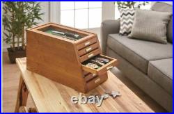 7 Drawer Display Case Knives Coins Wood Thick Glass Collectors Cabinet Storage