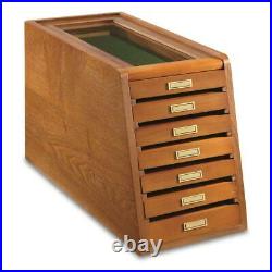 7 Drawer Display Case Knives Coins Wood Thick Glass Collectors Cabinet Storage
