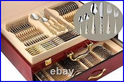 75 Piece Venezia Silverware Set for 12 and Wood Storage Chest 18/10 Flatware