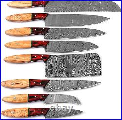 8Pc Handmade Damascus Chef Knife Set + Storage Roll Case Bag High Carbon Steel