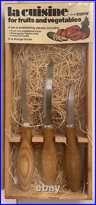 A SET OF 3 OAK-FINISHED UTENSIL KNIVES SPECIAL-DESIGNED FOR FRUITS and VEGETABLE