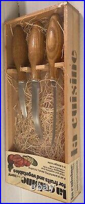 A SET OF 3 OAK-FINISHED UTENSIL KNIVES SPECIAL-DESIGNED FOR FRUITS and VEGETABLE