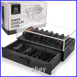 Black Pocket Knife Display Case with Sturdy Clear Cover Wooden Collection for