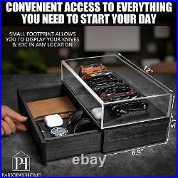 Black Pocket Knife Display Case with Sturdy Clear Cover Wooden Collection for