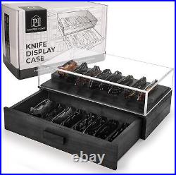 Black Pocket Knife Display Case with Sturdy Clear Cover -Wooden Knife Collection