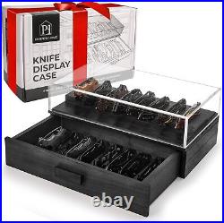 Black Pocket Knife Display Case with Sturdy Clear Cover -Wooden Knife Collection