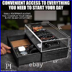 Black Pocket Knife Display Case with Sturdy Clear Cover -Wooden Knife Collection