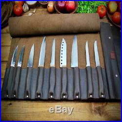 Brown Leather Knife Roll Chef Case Storage Bag Handles Handmade