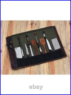 Canvas Knife Roll Storage Bag 10 pocket with Tool Pouch, Chef Knife Case Roll