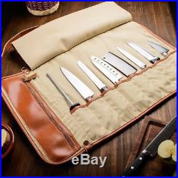 Chef Knife Roll Bag Leather Storage Case (8-Pocket) Portable With Shoulder Strap