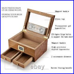 Cigar Humidor Hygrometer 2 Drawers Box Humidifier Cedar Case Wood Storage Cabine