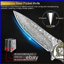 Damascus Pocket Knife, Folding Knife with VG10 Damascus Steel Blade, Wooden Handle