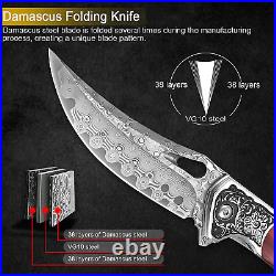 Damascus Pocket Knife, Sharp VG10 Core Damascus Steel Camping Knife, Wood Handle