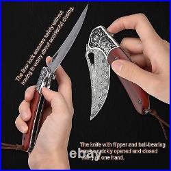 Damascus Pocket Knife, Sharp VG10 Core Damascus Steel Camping Knife, Wood Handle