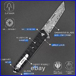 Damascus Pocket Knife Tanto Blade Folding EDC Tactical Outdoor Camping Knives