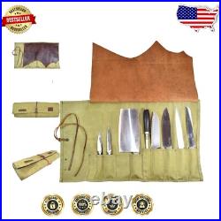 Durable Water-Resistant Waxed Canvas Knife Roll 10 Pockets & Leather Cover Durable Water-Resistant Waxed Canvas Knife Roll 10 Pockets & Leather Cover