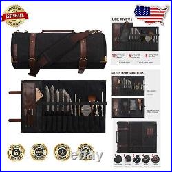 Elegant 12-Slot Chef Knife Roll Bag in Waxed Canvas & Leather Walnut Brown