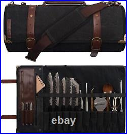 Elegant 12-Slot Chef Knife Roll Bag in Waxed Canvas & Leather Walnut Brown