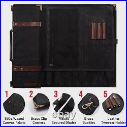 Elegant 12-Slot Chef Knife Roll Bag in Waxed Canvas & Leather Walnut Brown