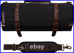 Elegant 12-Slot Chef Knife Roll Bag in Waxed Canvas & Leather Walnut Brown