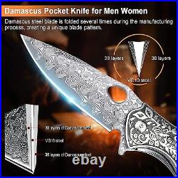 Folding Pocket Knife 2.95 Damascus Blade Sandalwood Handle EDC Camping Knives