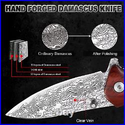 Folding Pocket Knife EDC VG10 Damascus Steel Wooden Handle Outdoor Camping Knive