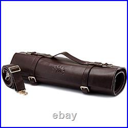 Genuine Brown Leather Knife Roll Storage Bag Case 10 Pockets & Shoulder Strap