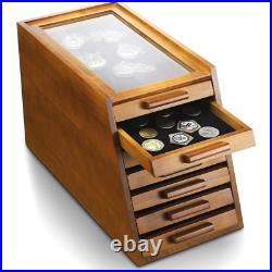 GlikCeil Knife Display Case Cabinet Walnut Wood Glass Coins Knives Drawer-NEW