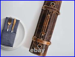 Handcrafted Leather Knife Storage Roll with Vintage Buckles & Expandable Pockets