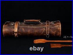 Handcrafted Leather Knife Storage Roll with Vintage Buckles & Expandable Pockets