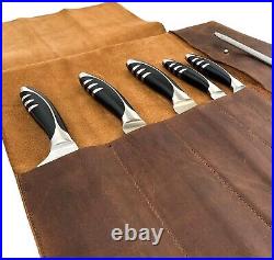 Handmade Full Grain Leather Knife Roll for Chefs 5-Pocket Kitchen Storage