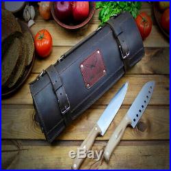 Handmade Knife Roll Chef Case Brown Leather Handles Storage Bag