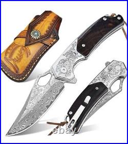 Handmade VG10 Damascus Steel Tactical Pocket Folding Knife, celtic design, sheath