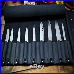 Knife Chef Roll Black Leather Case Handles Storage Bag