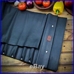 Knife Chef Roll Case Black Genuine Leather Handles Handmade Storage Bag