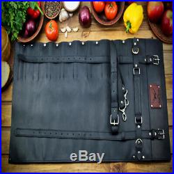 Knife Chef Roll Case Black Genuine Leather Handles Handmade Storage Bag