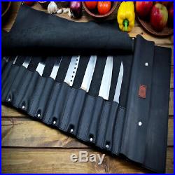 Knife Chef Roll Case Black Leather Storage Bag Handles Handmade
