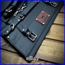 Knife Chef Roll Case Black Leather Storage Bag Handles Handmade