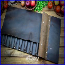 Knife Chef Roll Case Storage Bag Brown Leather Handles