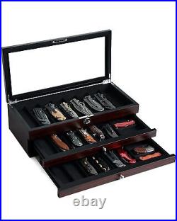 Knife Display Case, 22-26 Slot Storage Box, Ebony Veneer, 3-Tier, Lockable, S