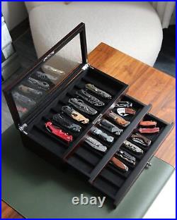 Knife Display Case, 22-26 Slot Storage Box, Ebony Veneer, 3-Tier, Lockable, S